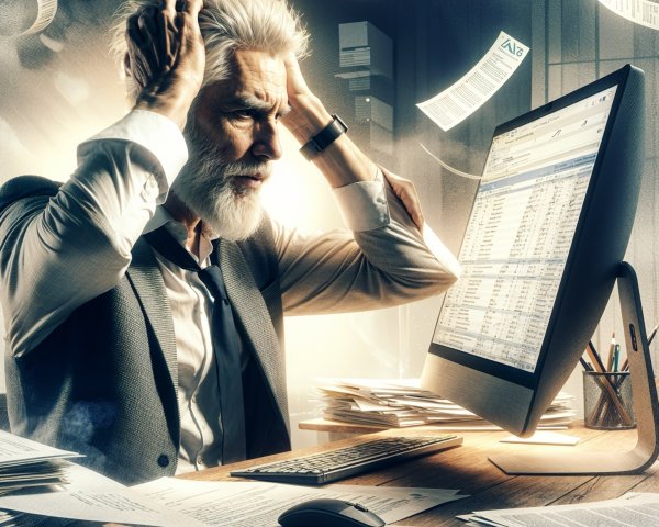 Stressed Man Overwhelmed by Cluttered Desk Chaos