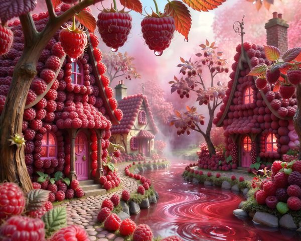 Vibrant Raspberry Village Landscape Painting Description