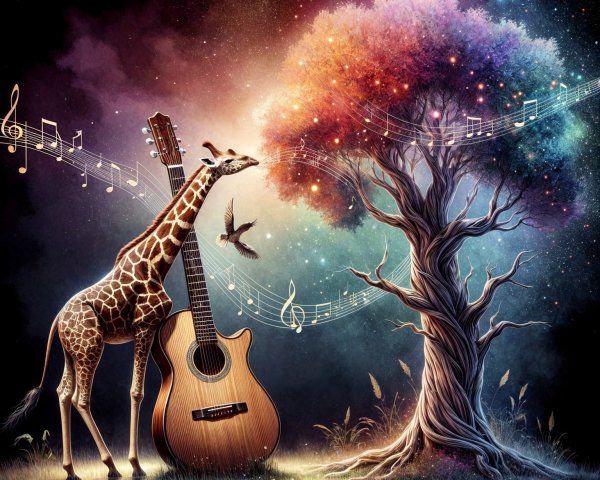 Whimsical Giraffe and Guitar Under Starry Tree