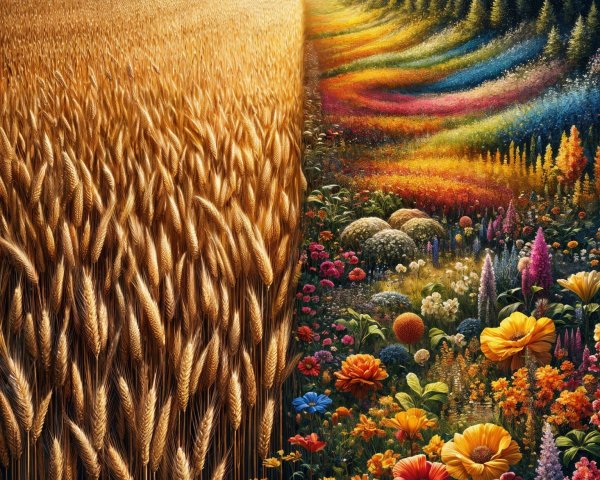 Contrasting Landscapes of Wheat Fields and Colorful Garden