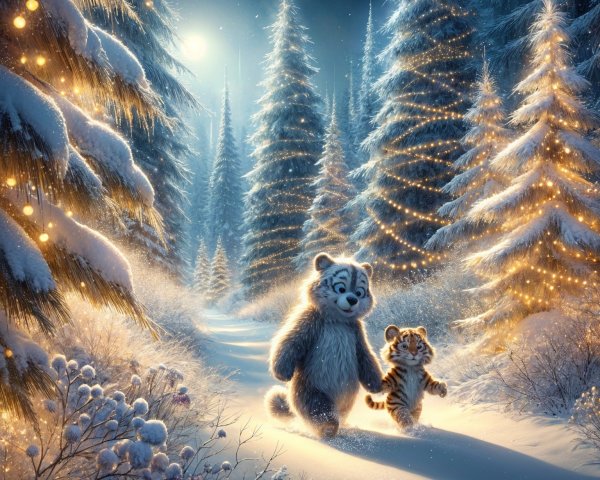 Polar Bear and Tiger Cub in Winter Wonderland Scene