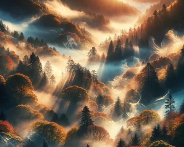 Golden Sunlit Landscape with Misty Valley and Foliage