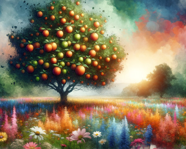 Vibrant Landscape with Apple Tree and Wildflowers