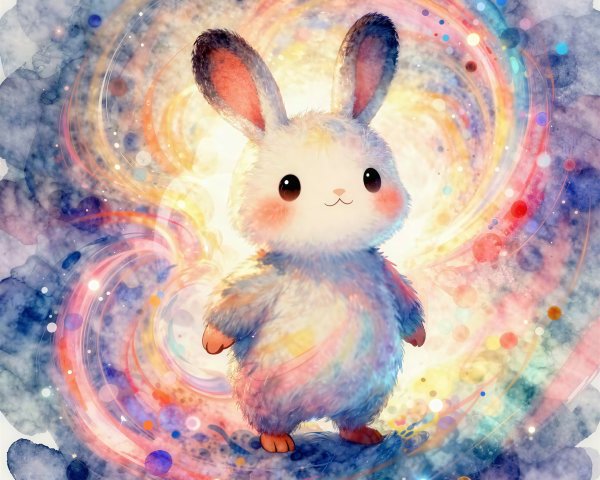 Fluffy White Bunny on Colorful Spiral Background