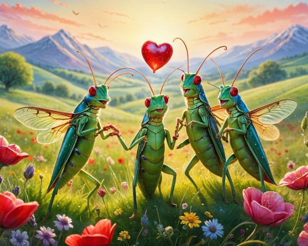 Grasshoppers Celebrate Love in Colorful Meadow Scene
