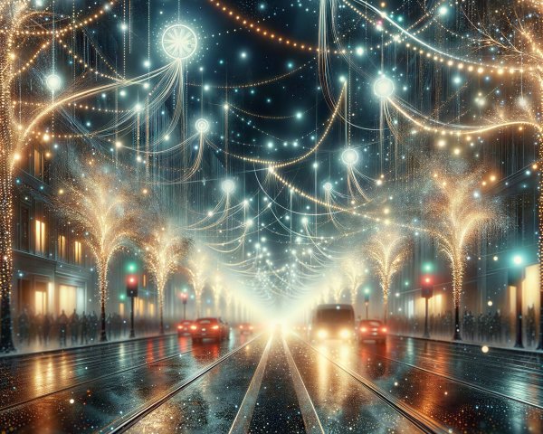 Illuminated Nighttime City Street Decorated for Christmas
