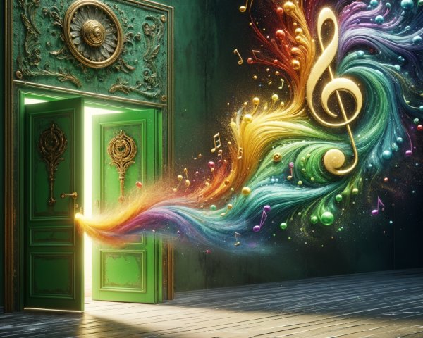 Ornate Green Door with Colorful Musical Notes