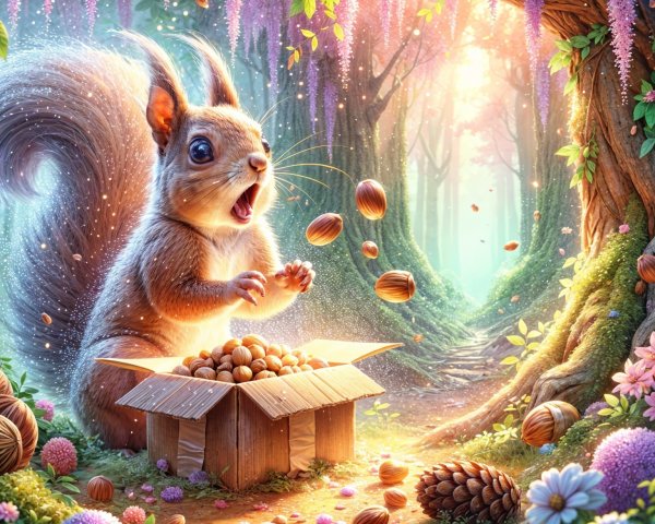Cheerful Squirrel in Enchanted Forest with Nuts