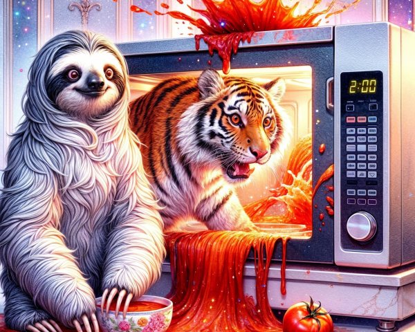 Sloth and Tiger in Surreal Whimsical Scene