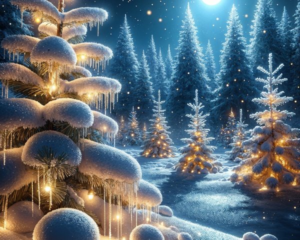 Snow-Covered Pine Trees in a Winter Wonderland Scene