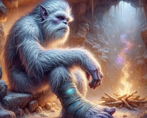 Yeti in a Mystical Cave by a Campfire Glow