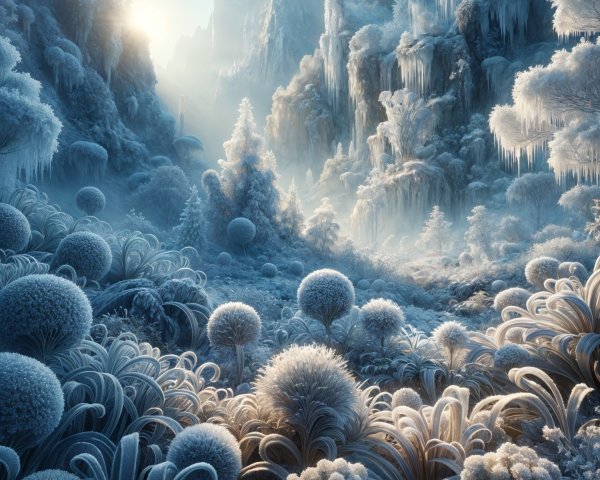 Serene Icy Landscape with Frost-Covered Mountains