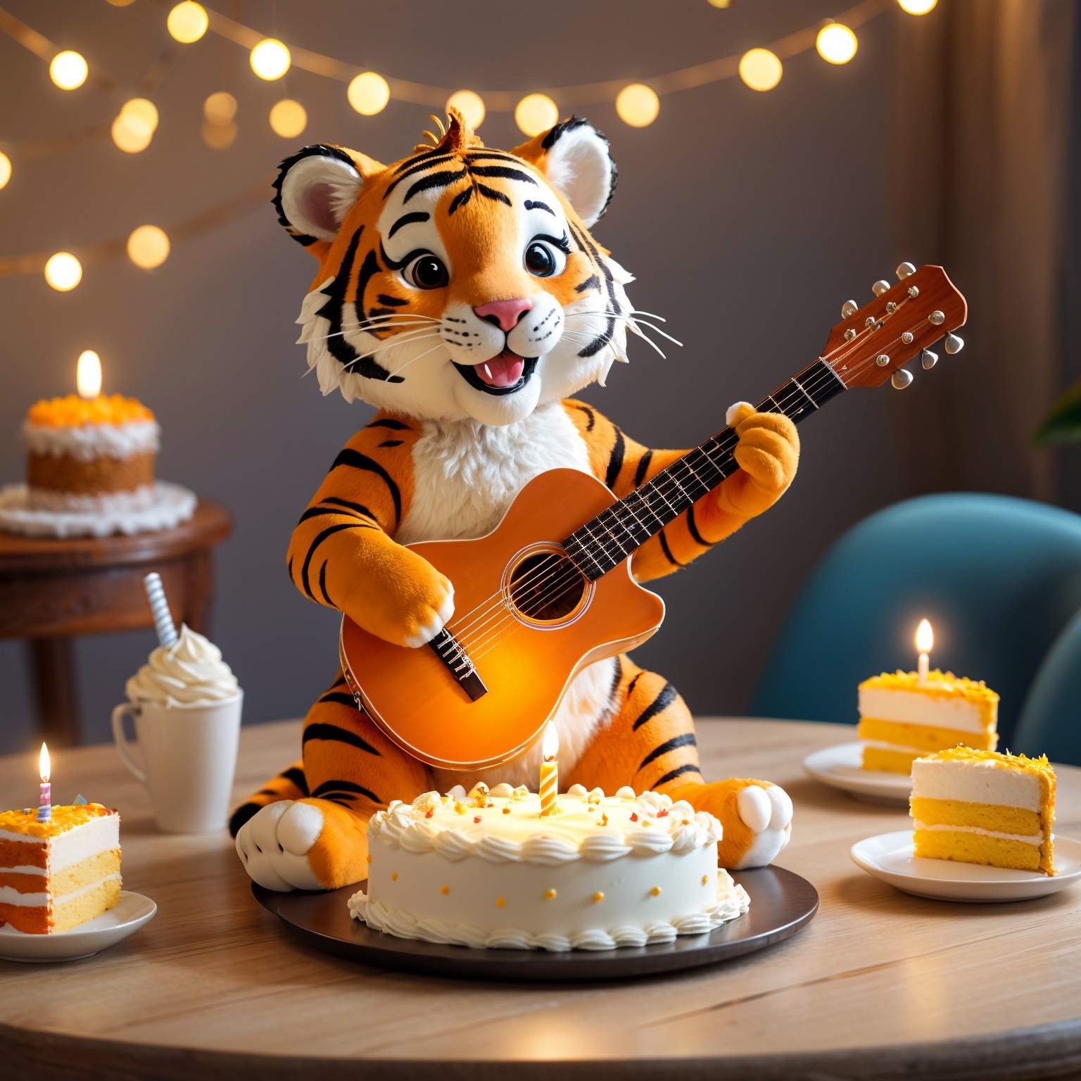 Plush Tiger Character with Guitar at Birthday Celebration