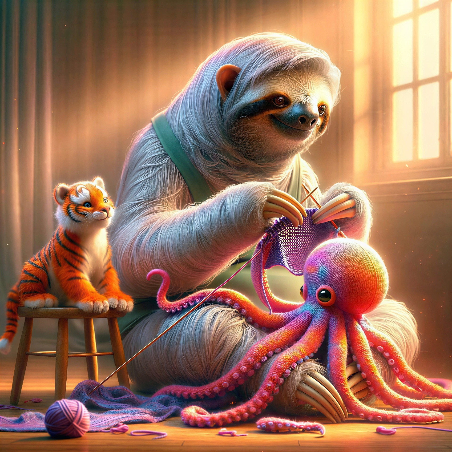 Surreal Fantasy Scene with Sloth Knitting an Octopus