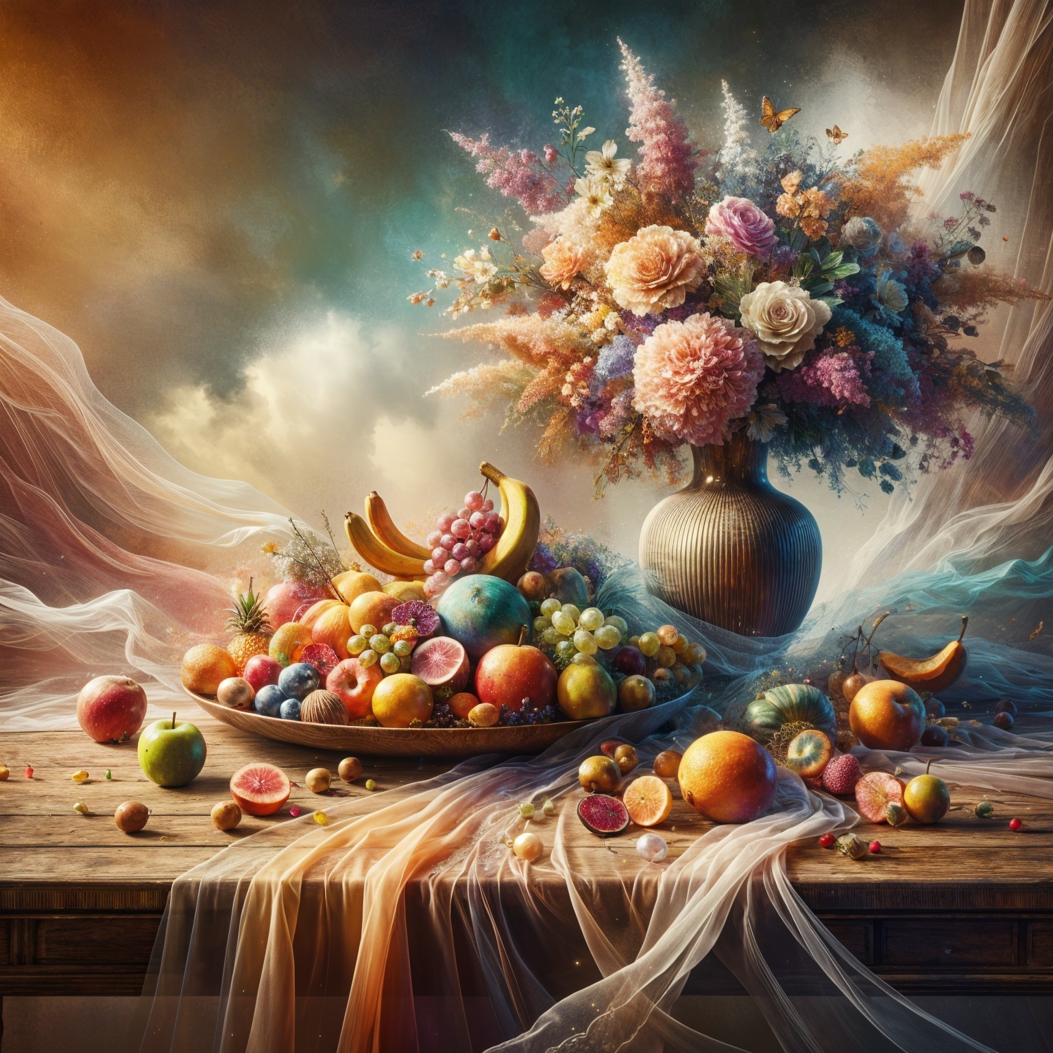 Vibrant Still Life of Colorful Fruits and Flowers
