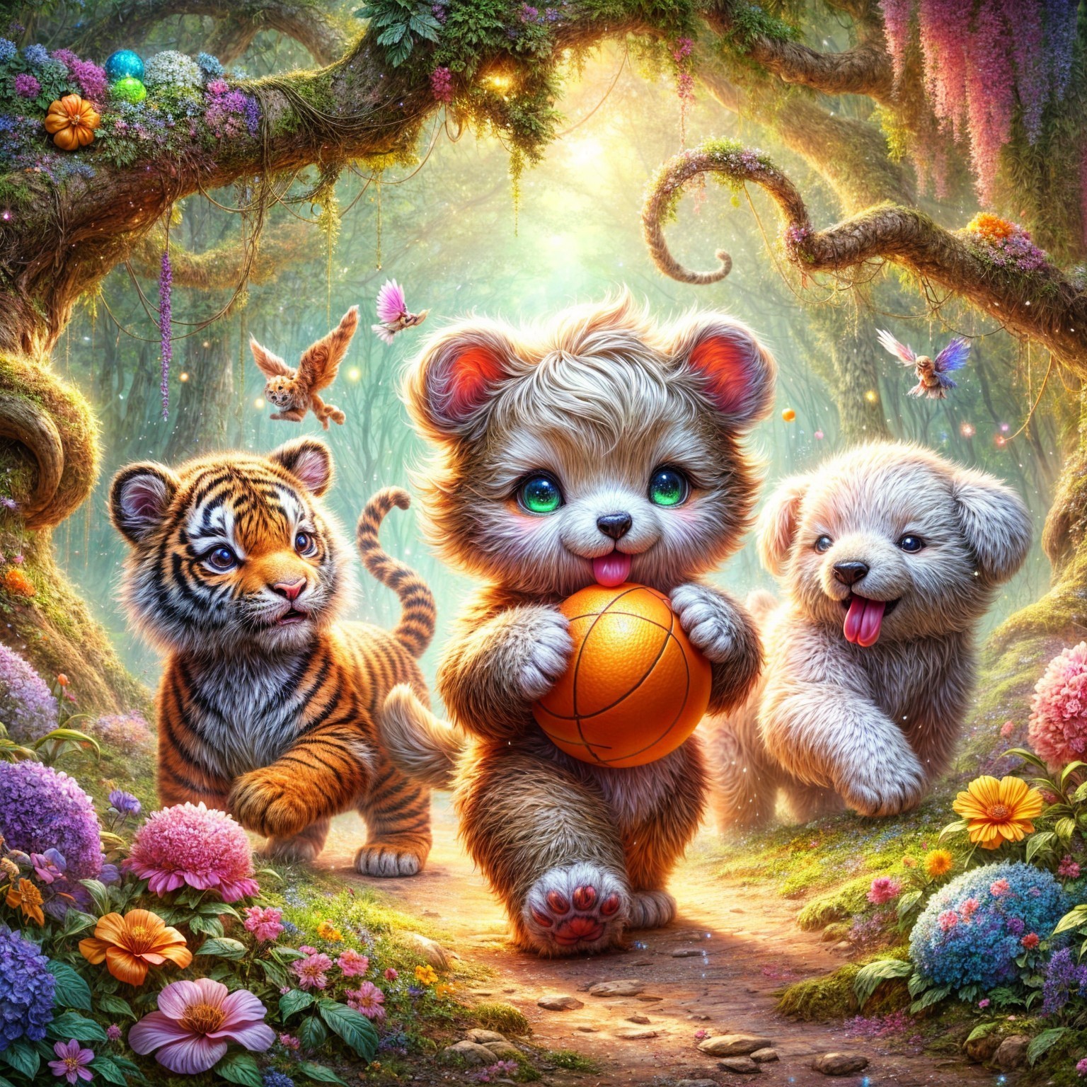 Bear Cub, Tiger, and Puppy in Enchanted Forest