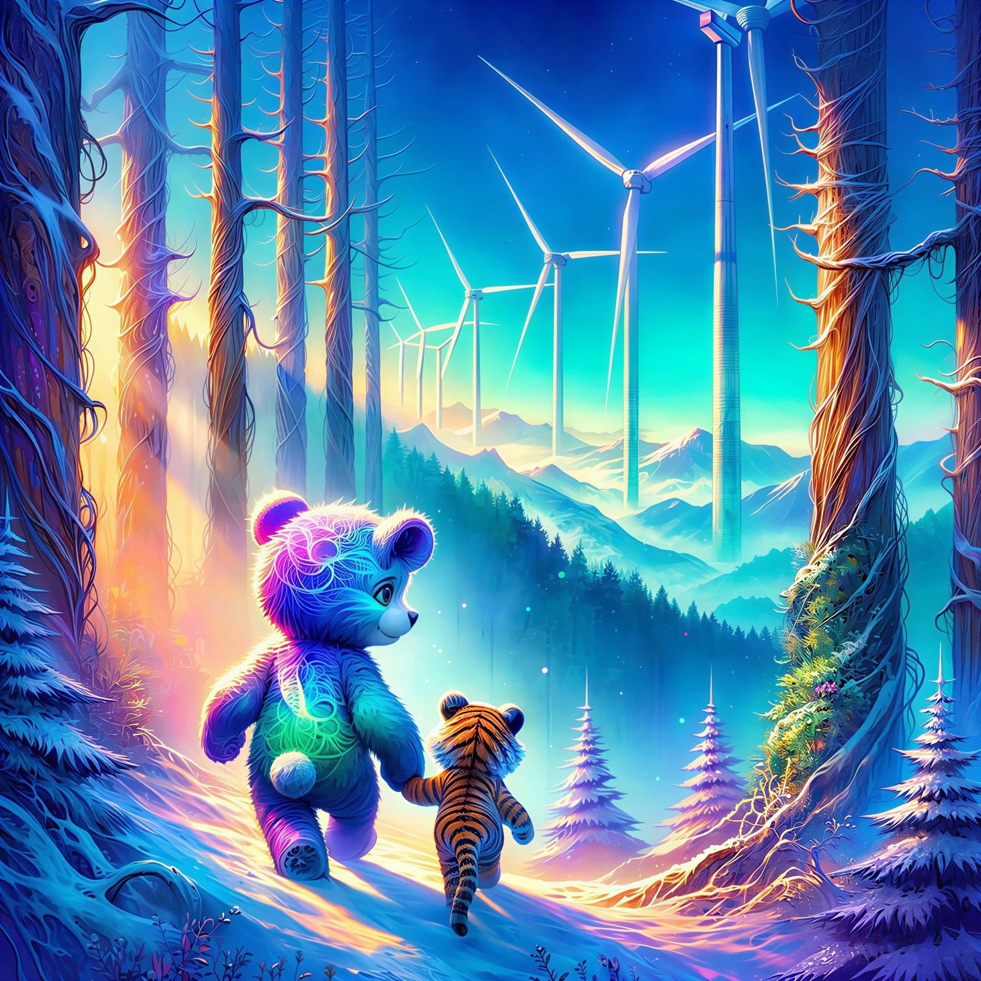 Vibrant Fantasy Scene with Bear and Tiger Cub in Snow