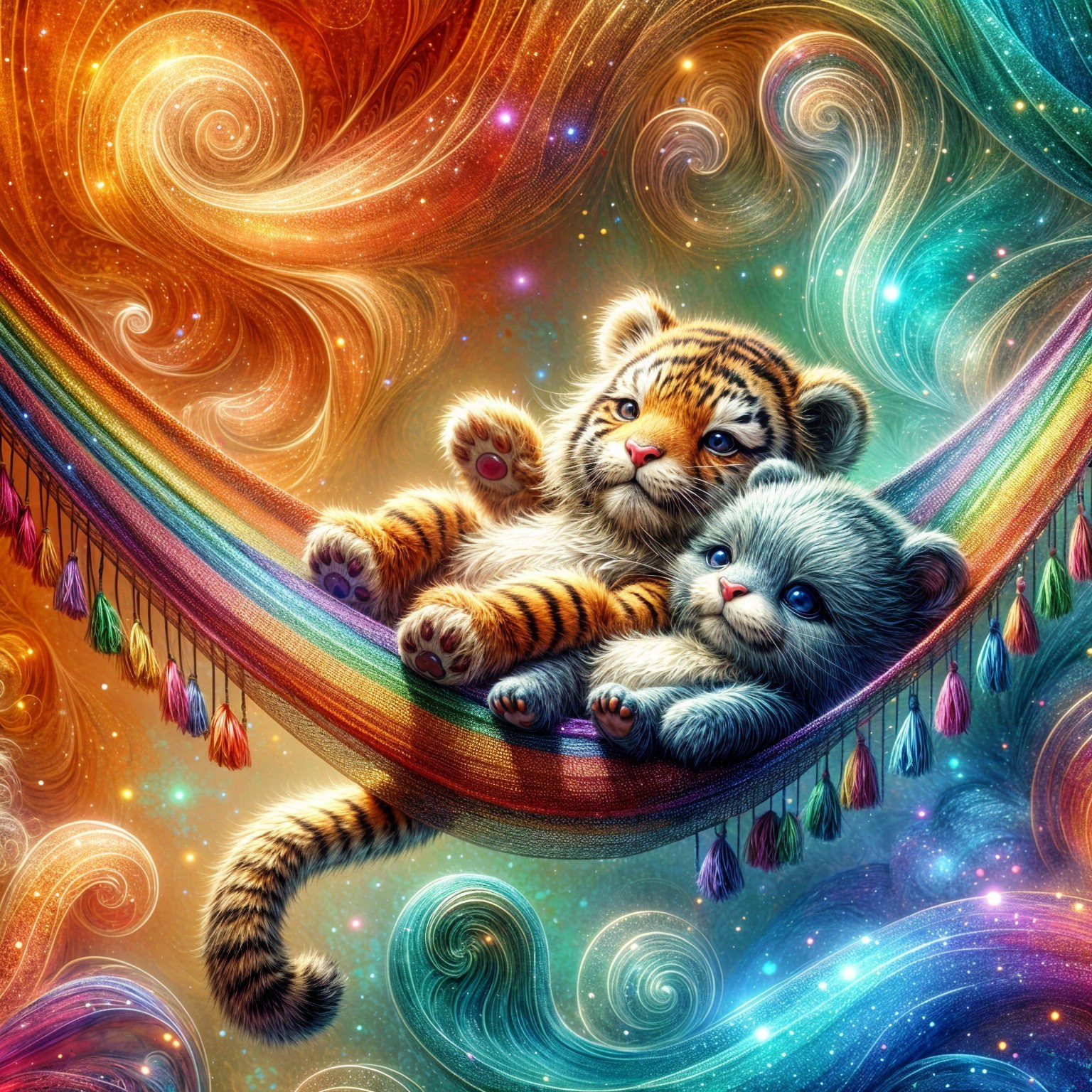 Cubs Relaxing in a Rainbow Hammock with Stars