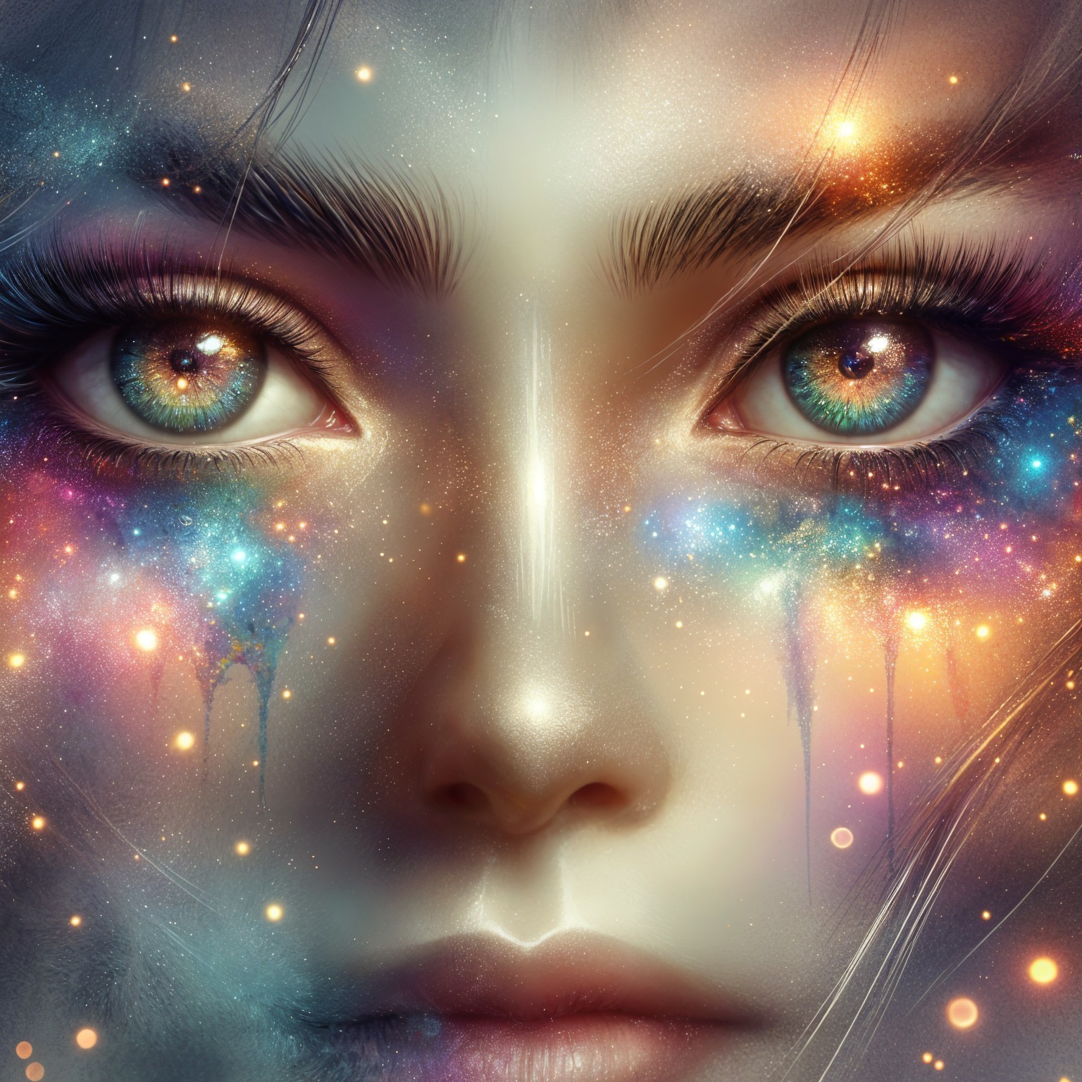 Close-up of a face with cosmic blue and green eyes