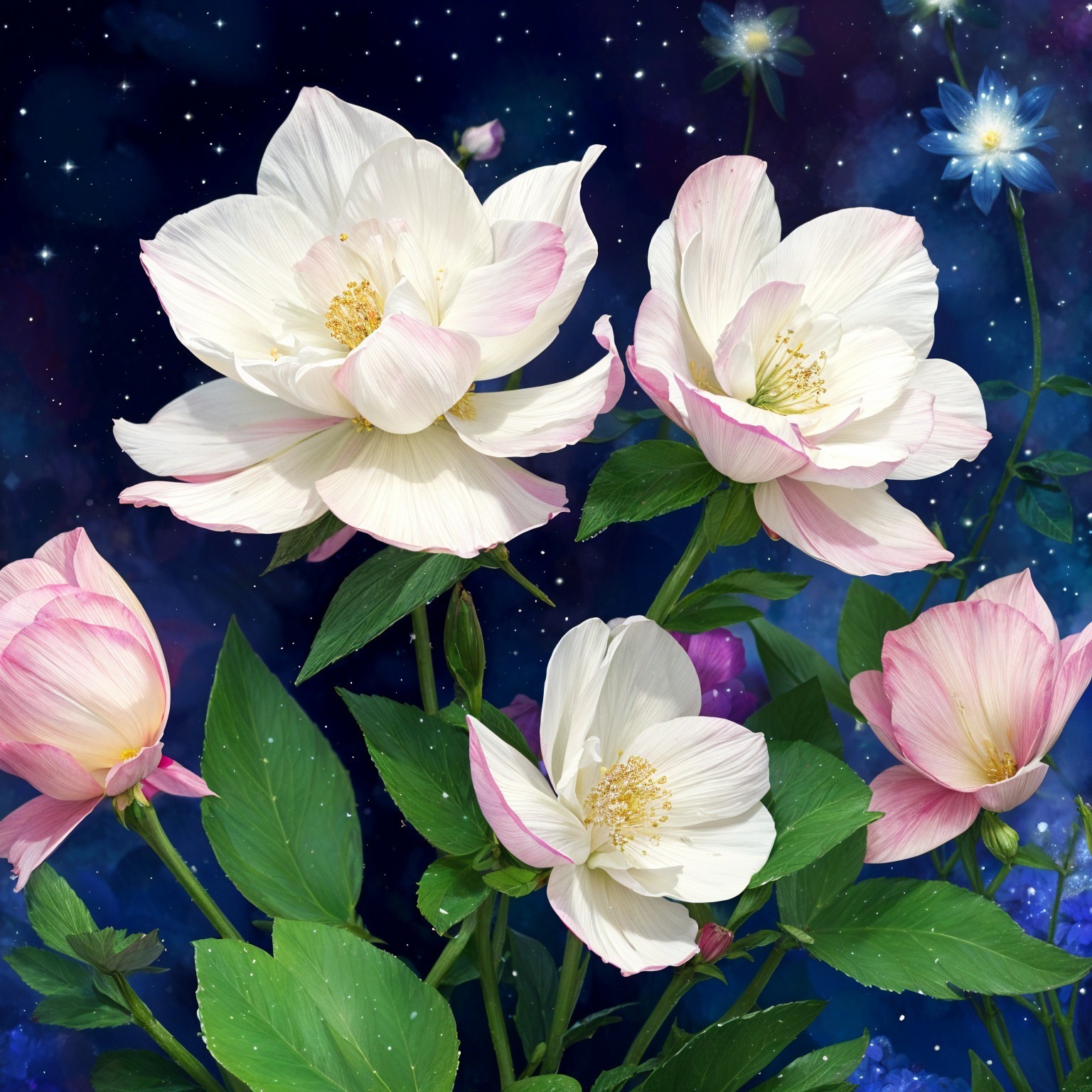 Delicate flowers with white and pink petals in space