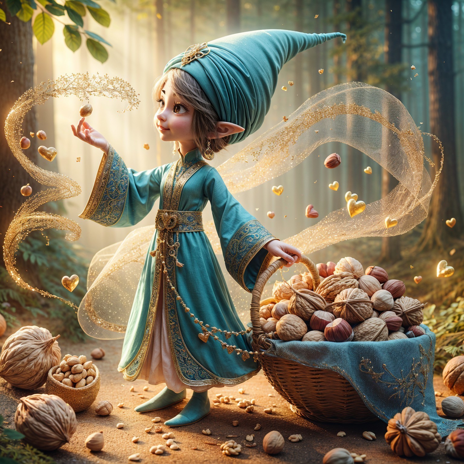 Enchanted Elf in Sunlit Forest Gathering Nuts