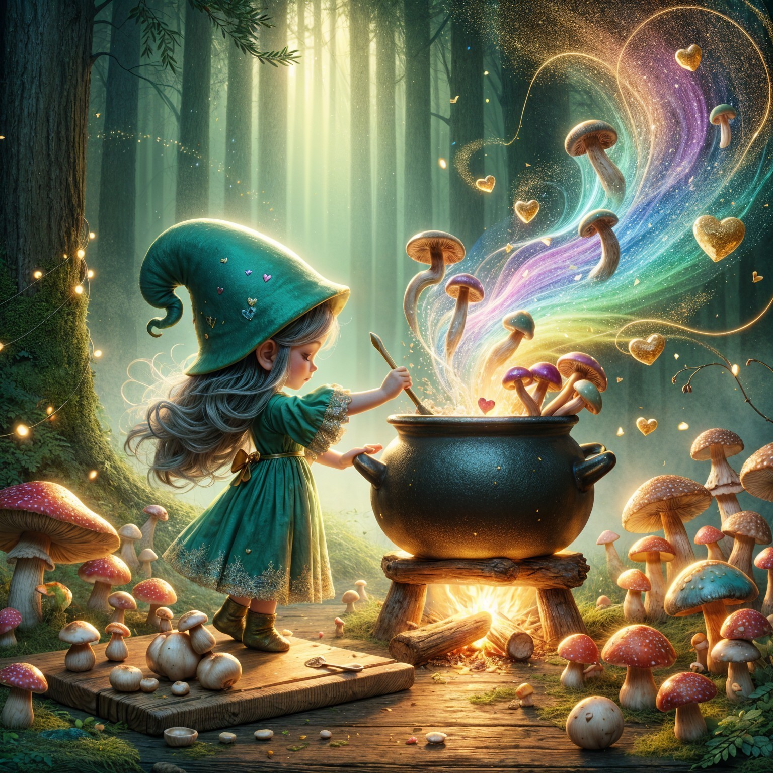 Magical forest scene with a girl and cauldron