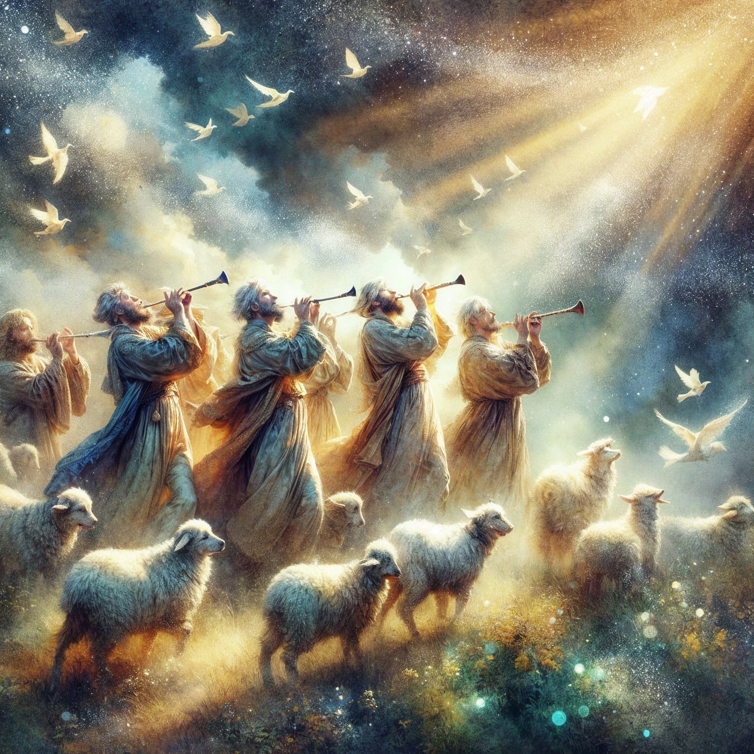 Ethereal Scene of Figures Playing Trumpets in Nature