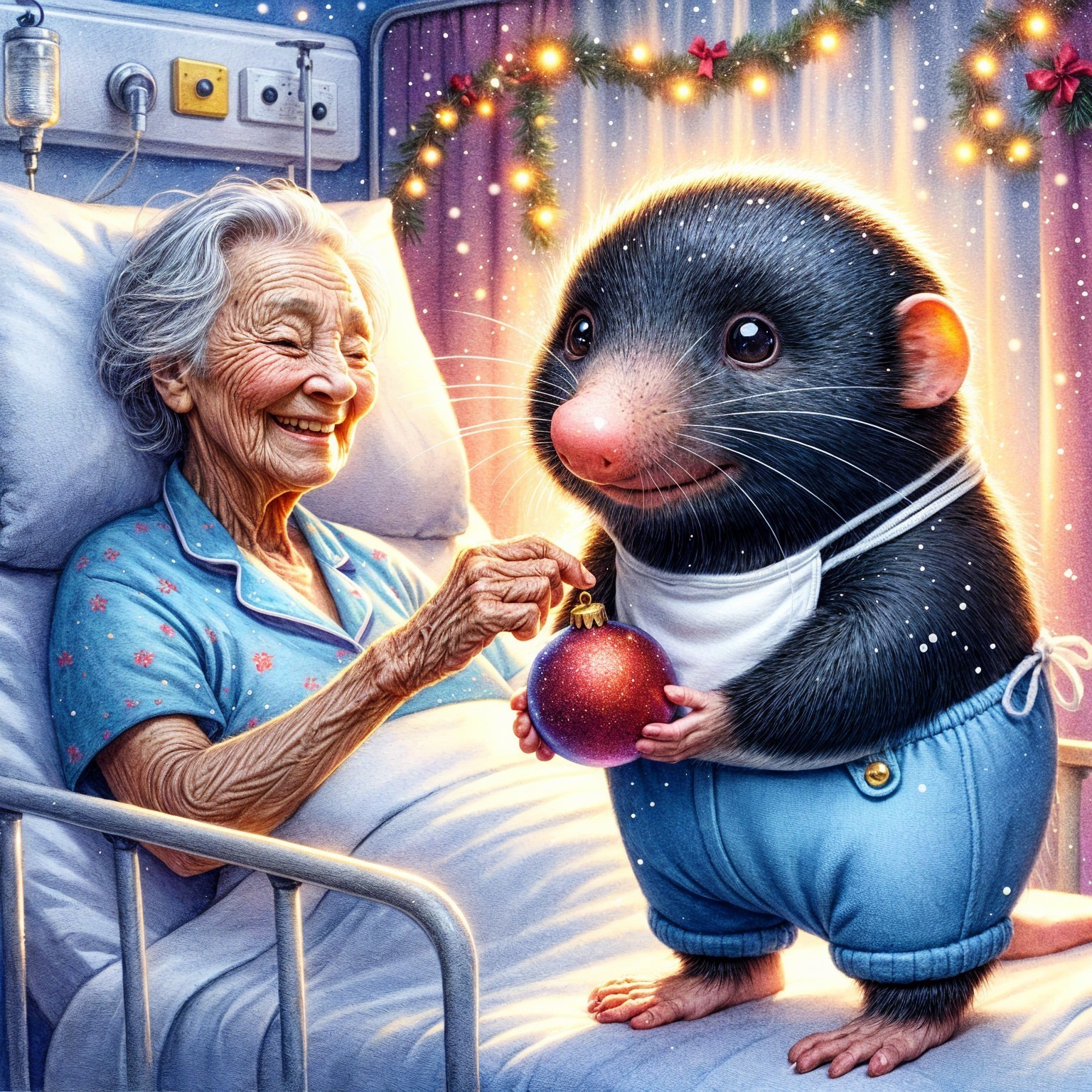 Elderly Woman and Mole in Festive Hospital Room