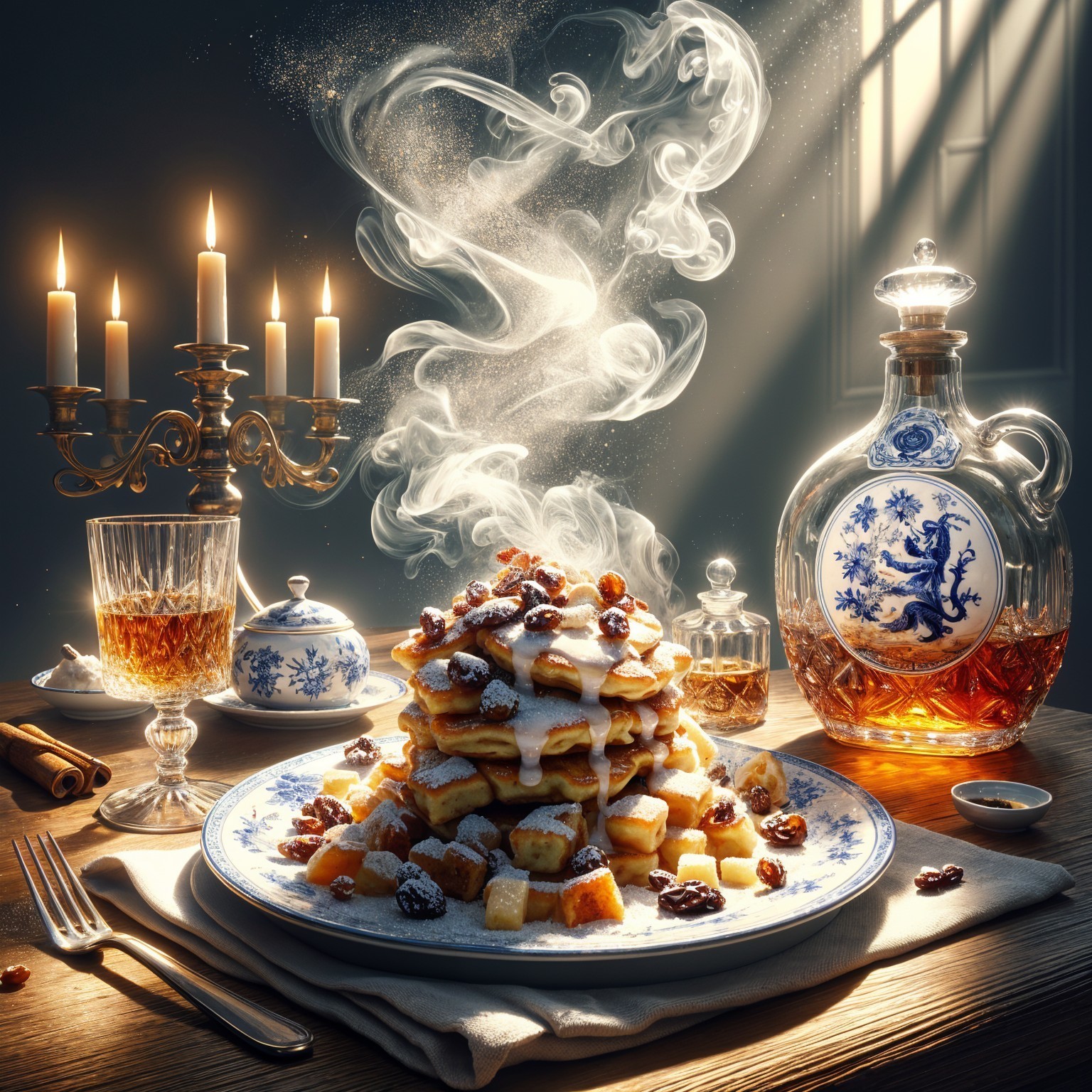 Elegant Waffle Stack with Nuts and Candlelight Ambiance