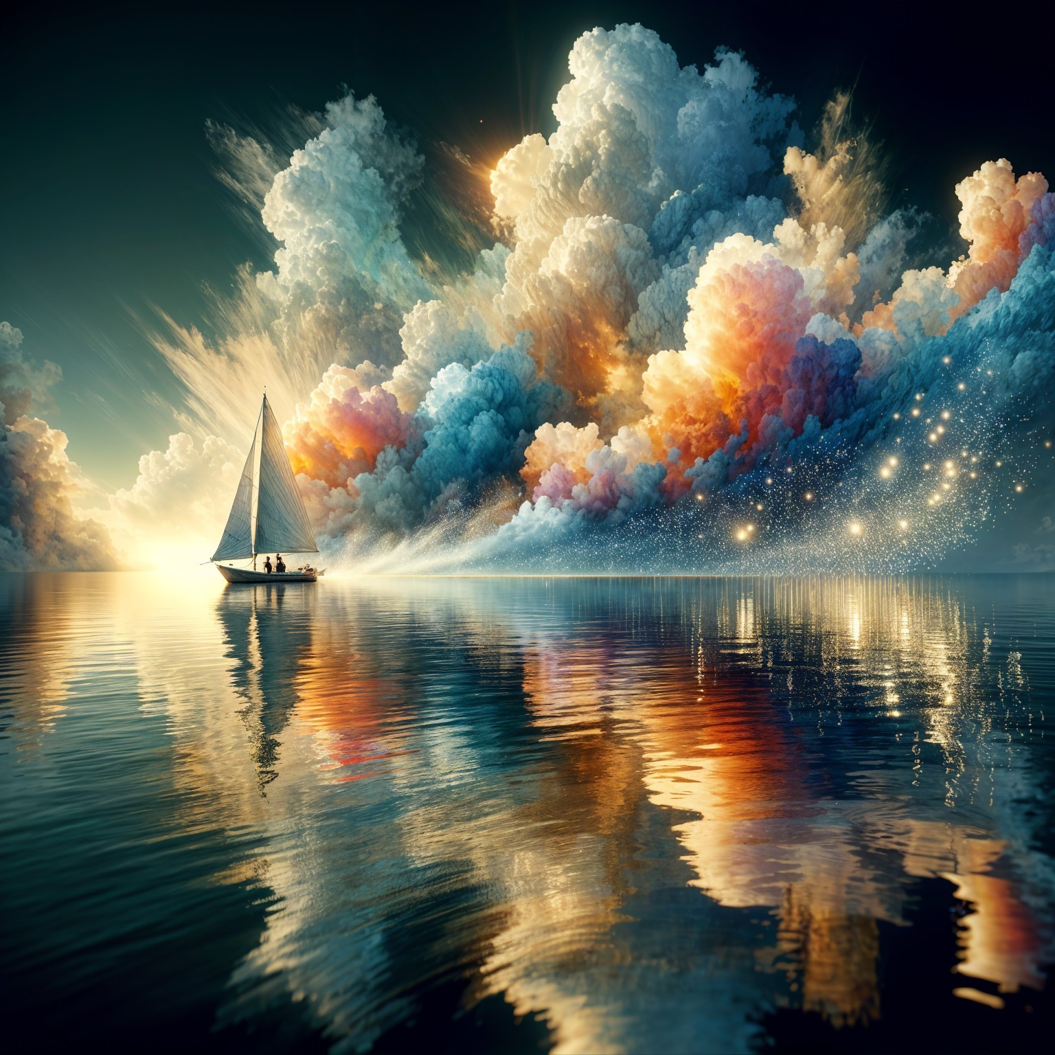 Lone Sailboat on Serene Waters with Dramatic Sky