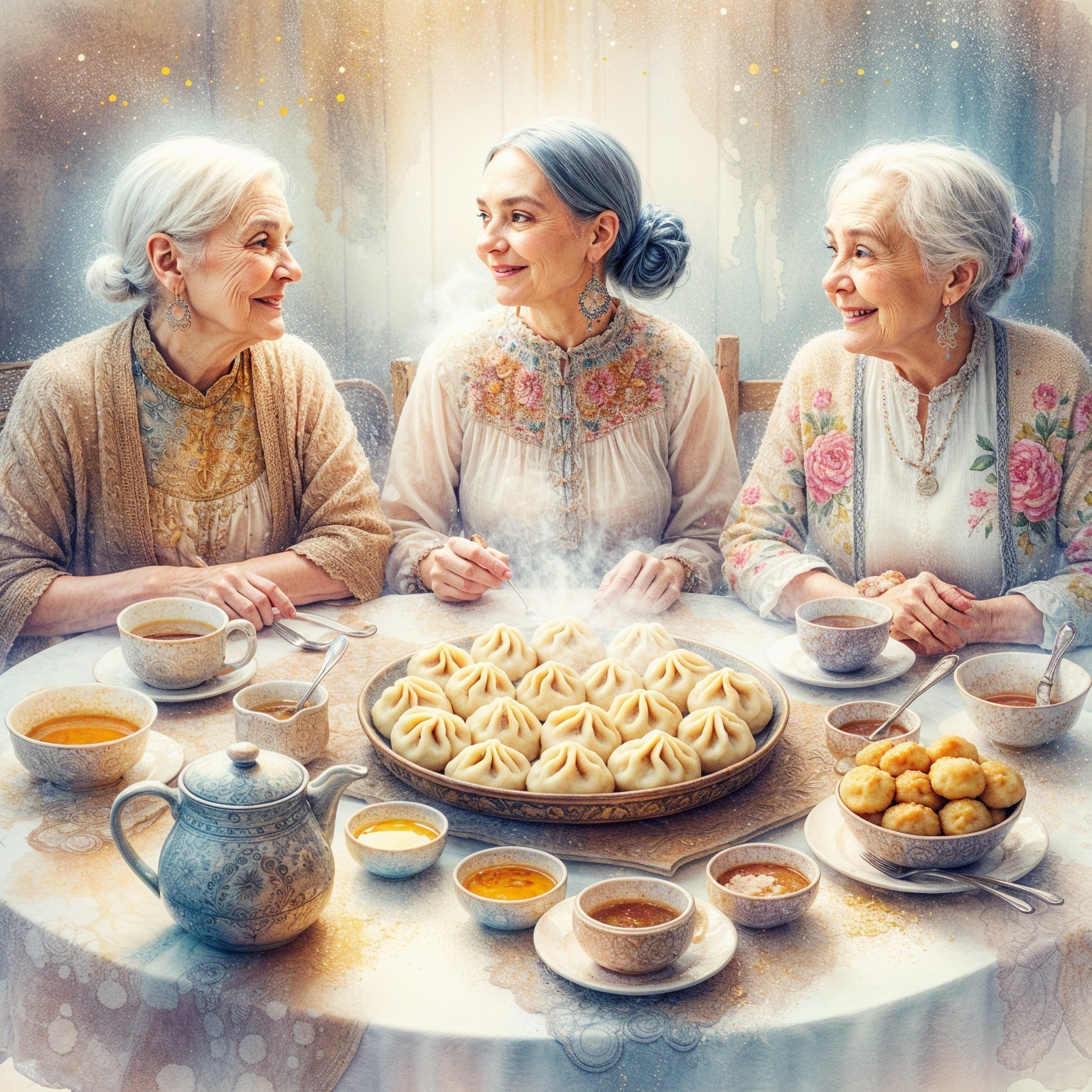 Elderly Women Enjoy Dumplings at Elegant Table Setting