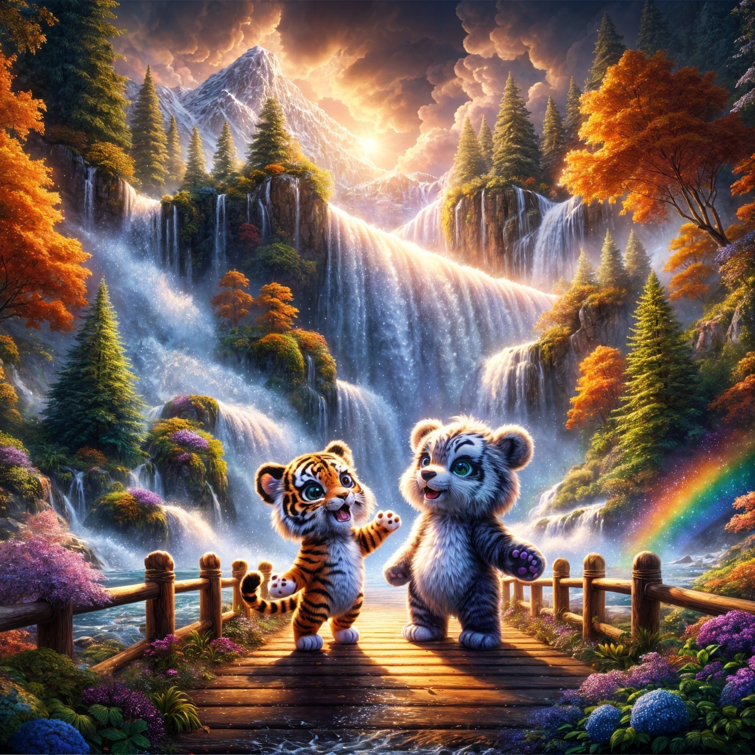 Cartoon Tiger Cub and Panda at Enchanted Waterfall