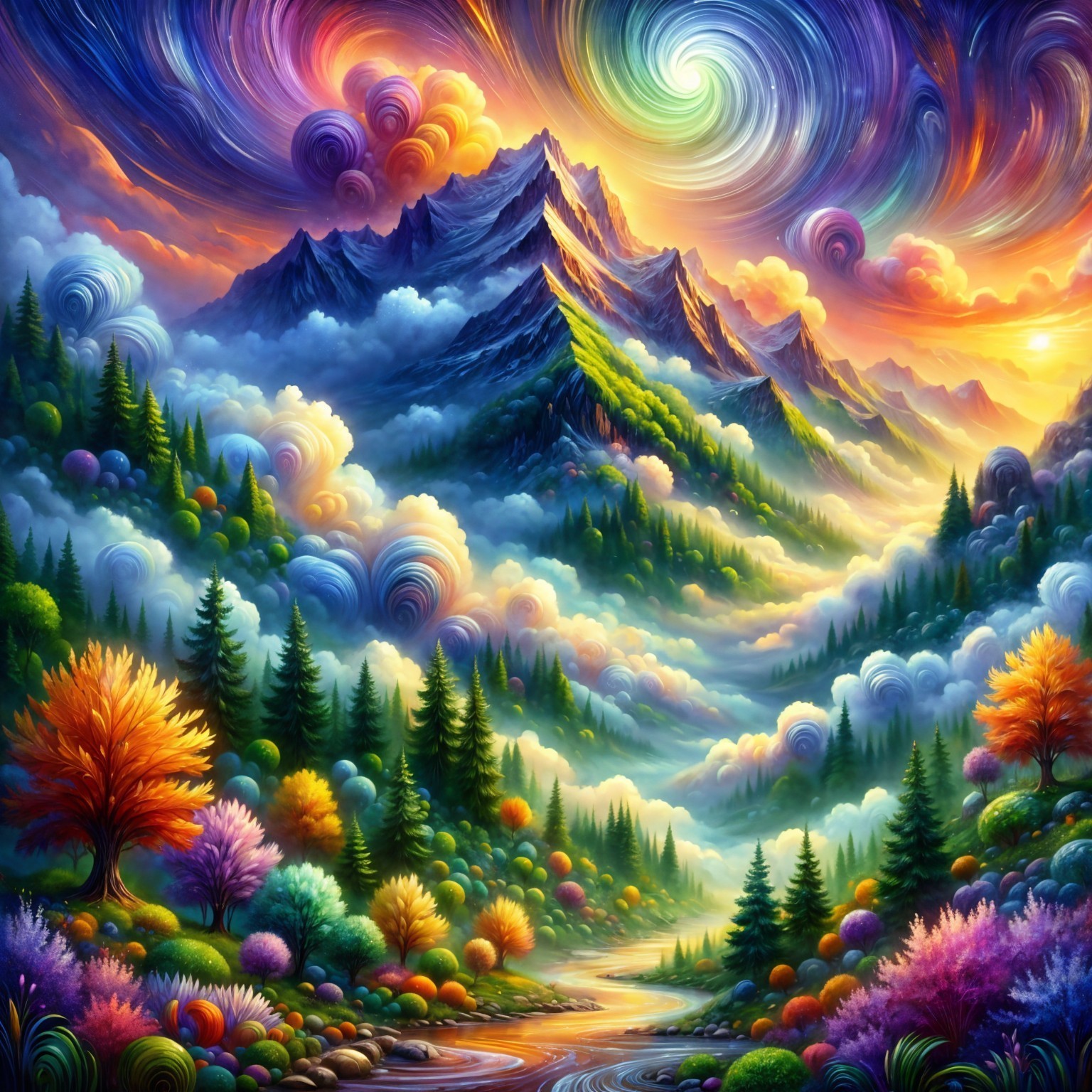 Vibrant Landscape with Majestic Mountains and River