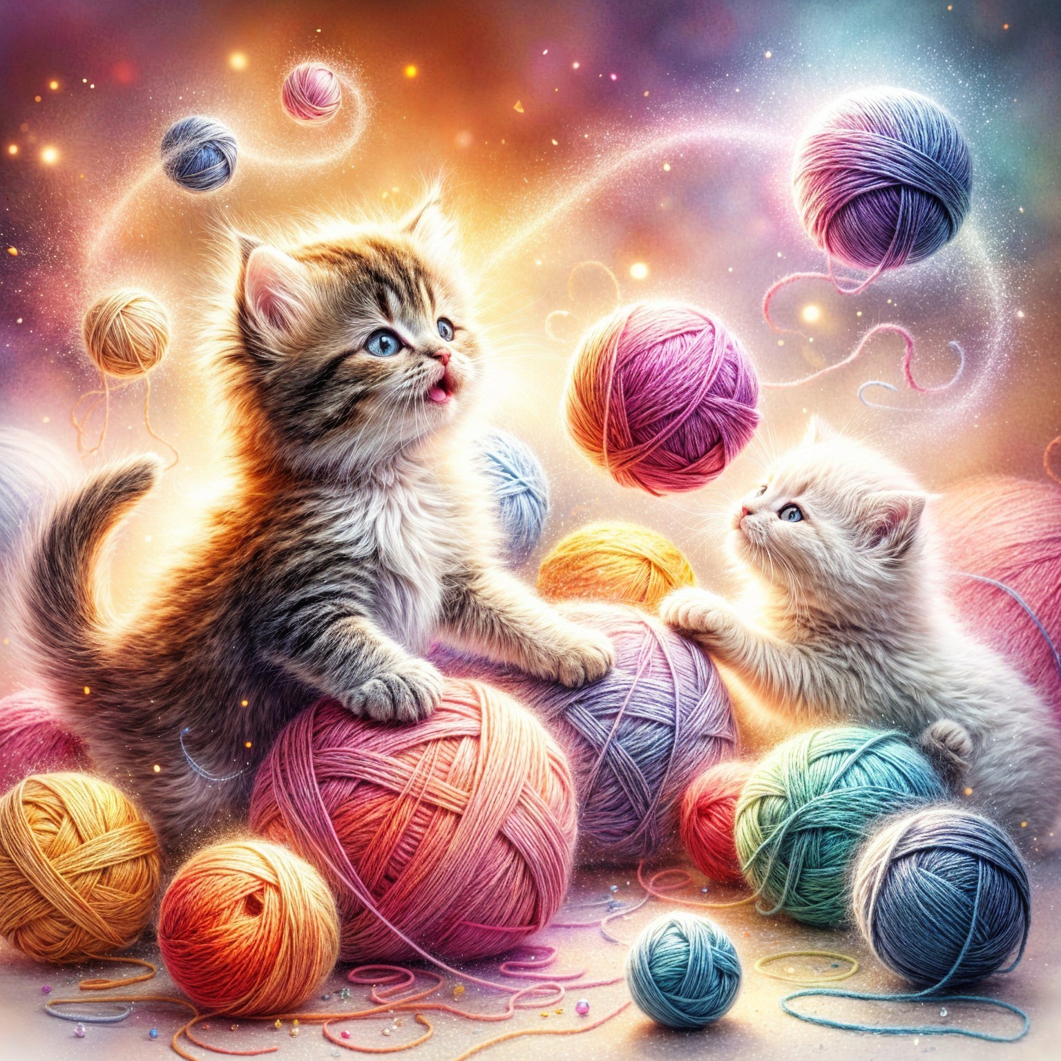 Playful Kittens Among Colorful Yarn Balls and Lights