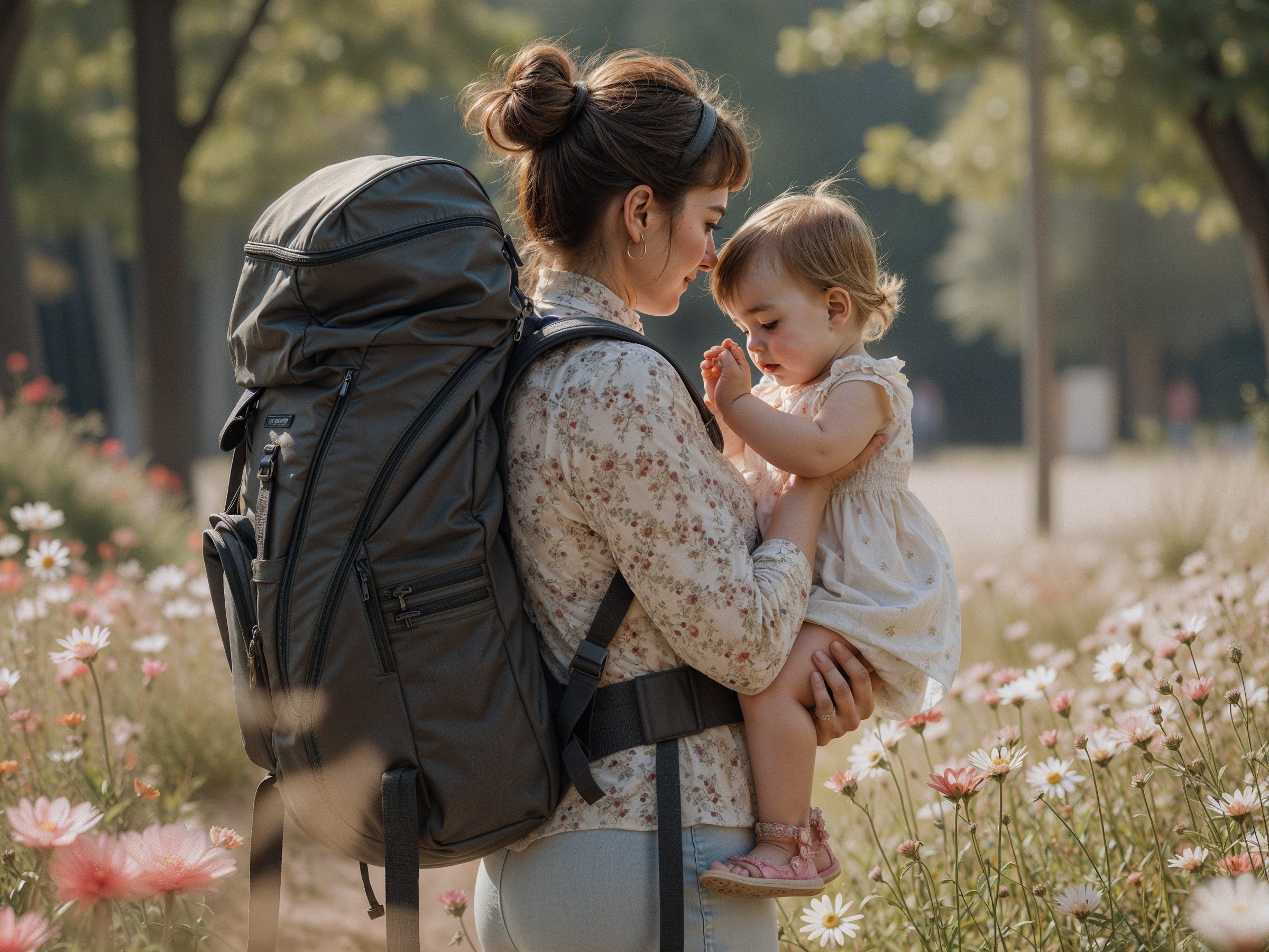 Mother and daughter in a flower-filled park scene