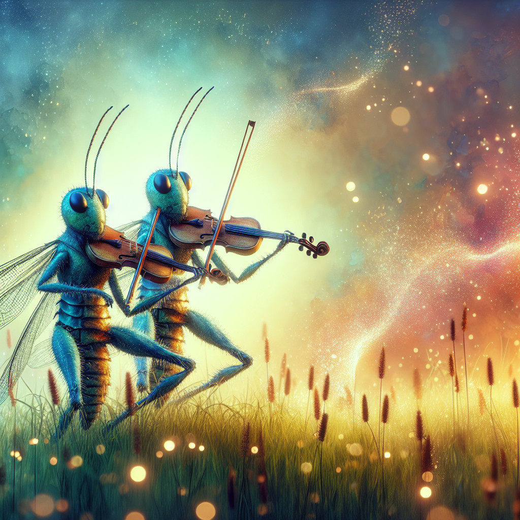 Anthropomorphic Crickets Playing Violins in Dreamy Landscape