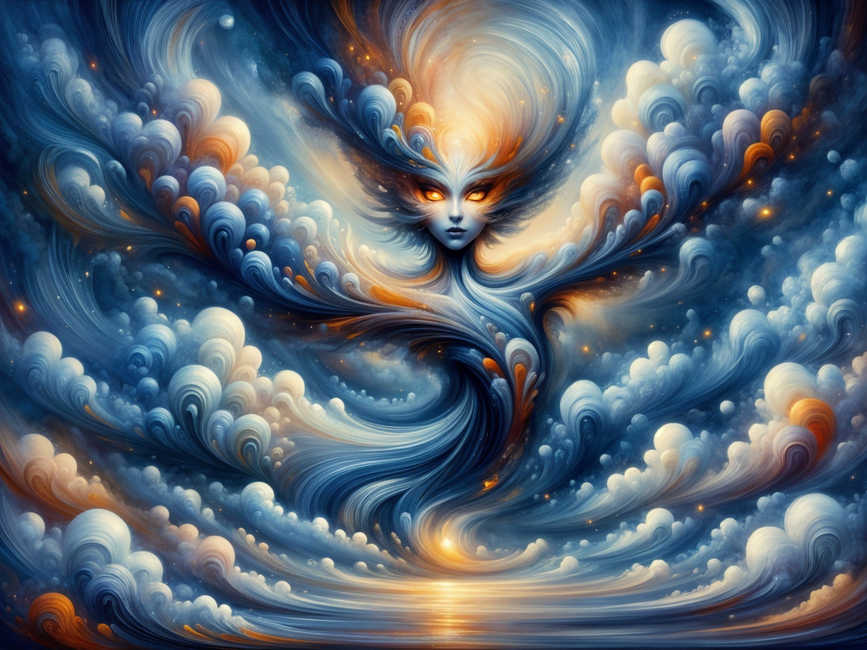 Fantastical Figure in Swirling Clouds at Twilight