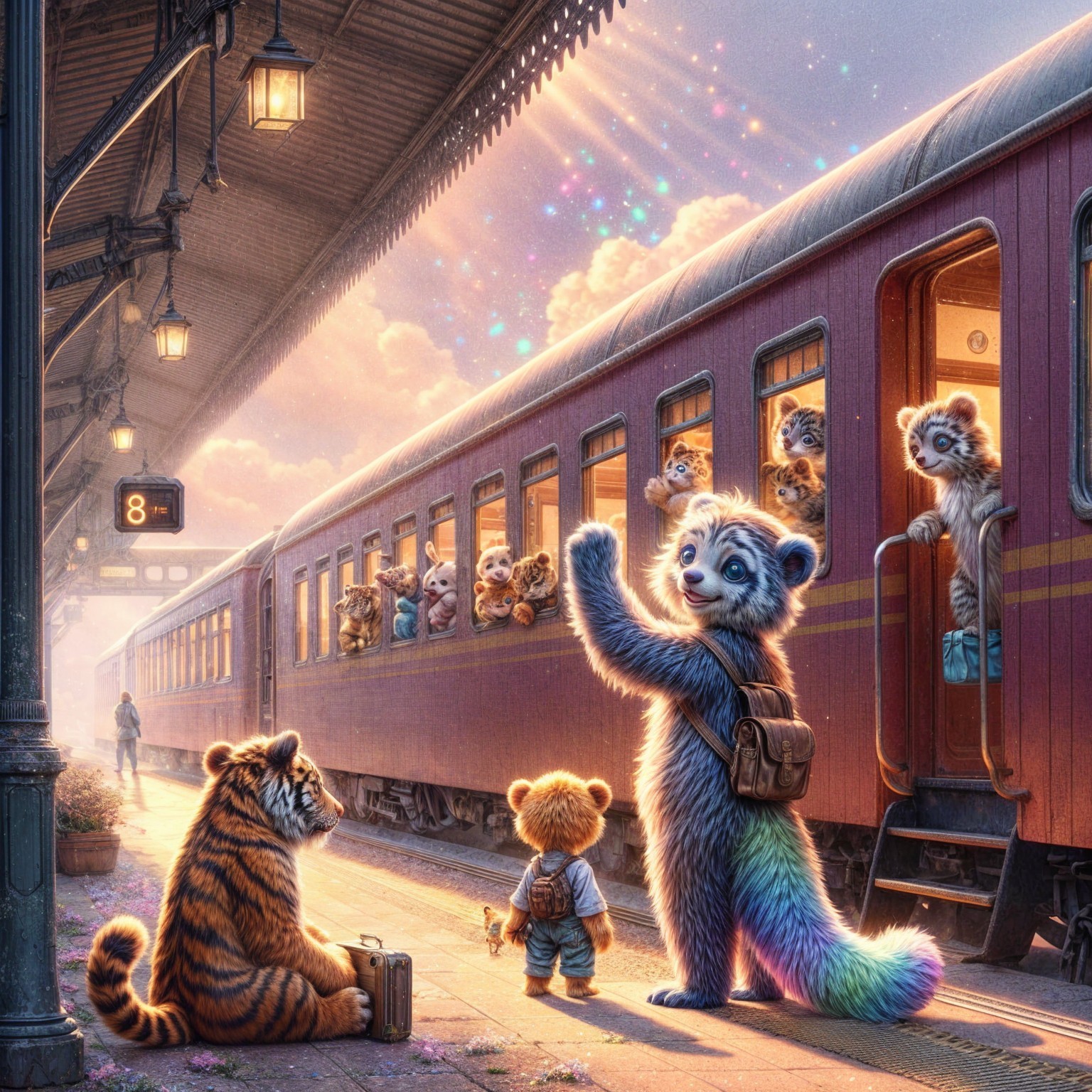 Whimsical Train Station Scene with Colorful Creatures