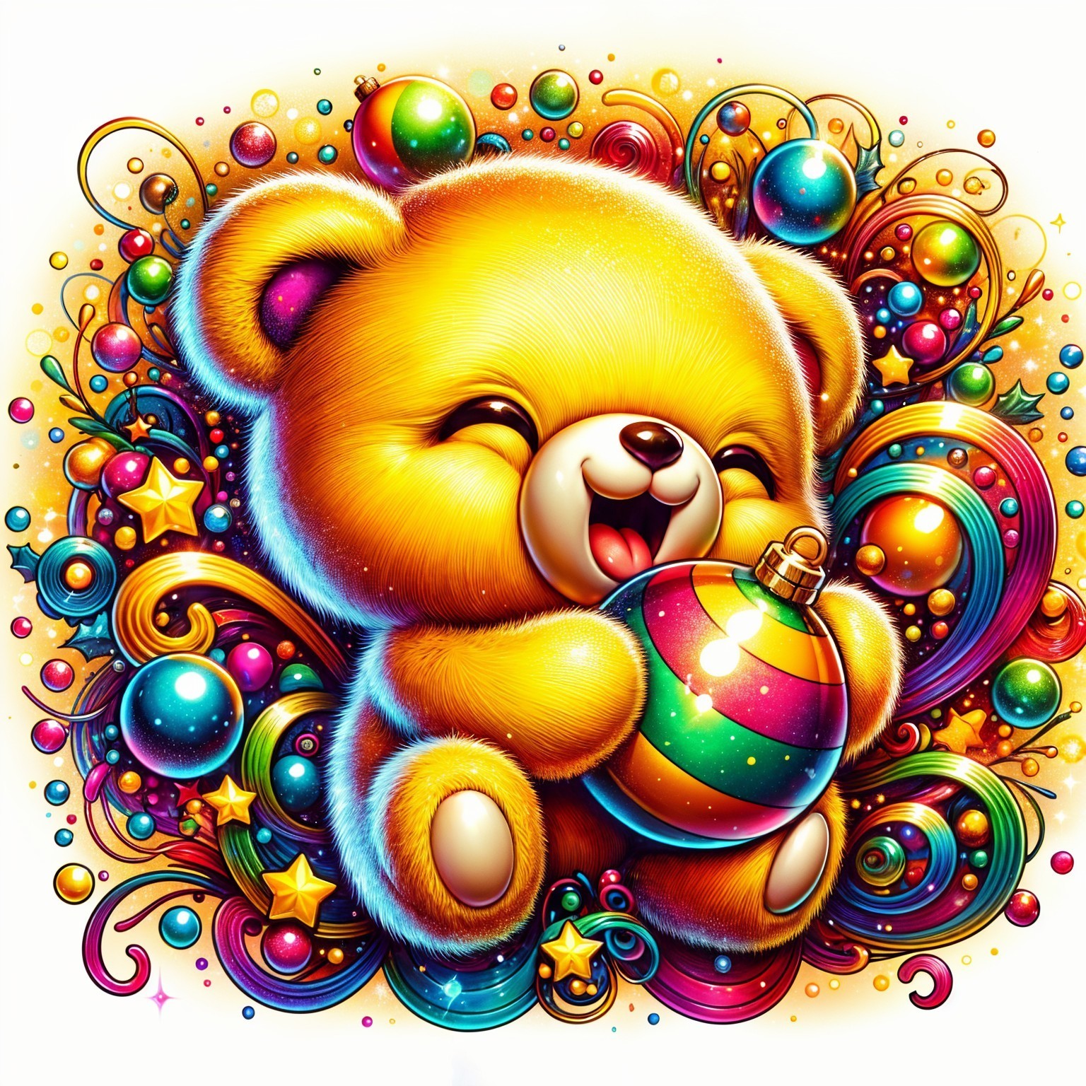 Cheerful yellow bear with colorful ornament in vibrant setting