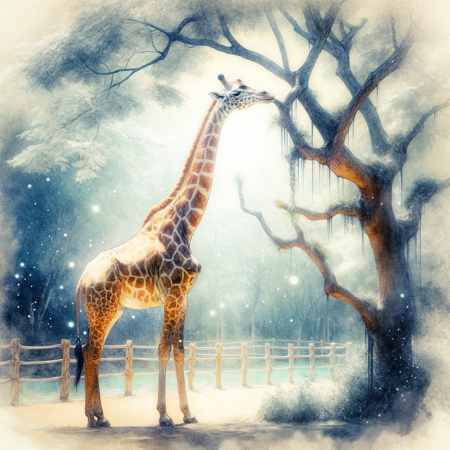 Giraffe Under Tree in Ethereal Moonlit Scene