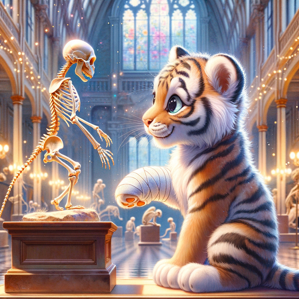 Young Tiger Observing Skeleton in Illuminated Museum