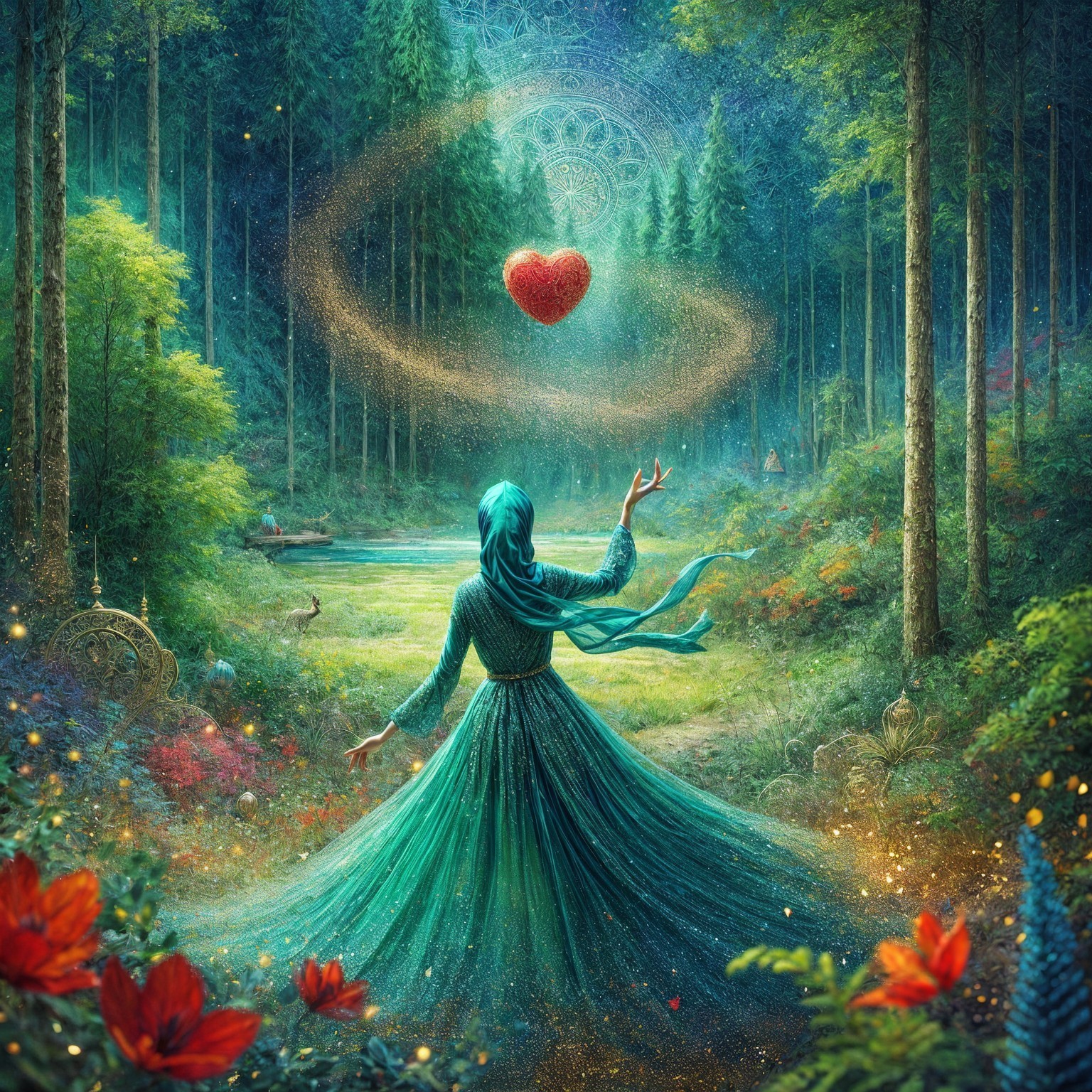 Enchanting Forest Scene with Figure in Green Gown