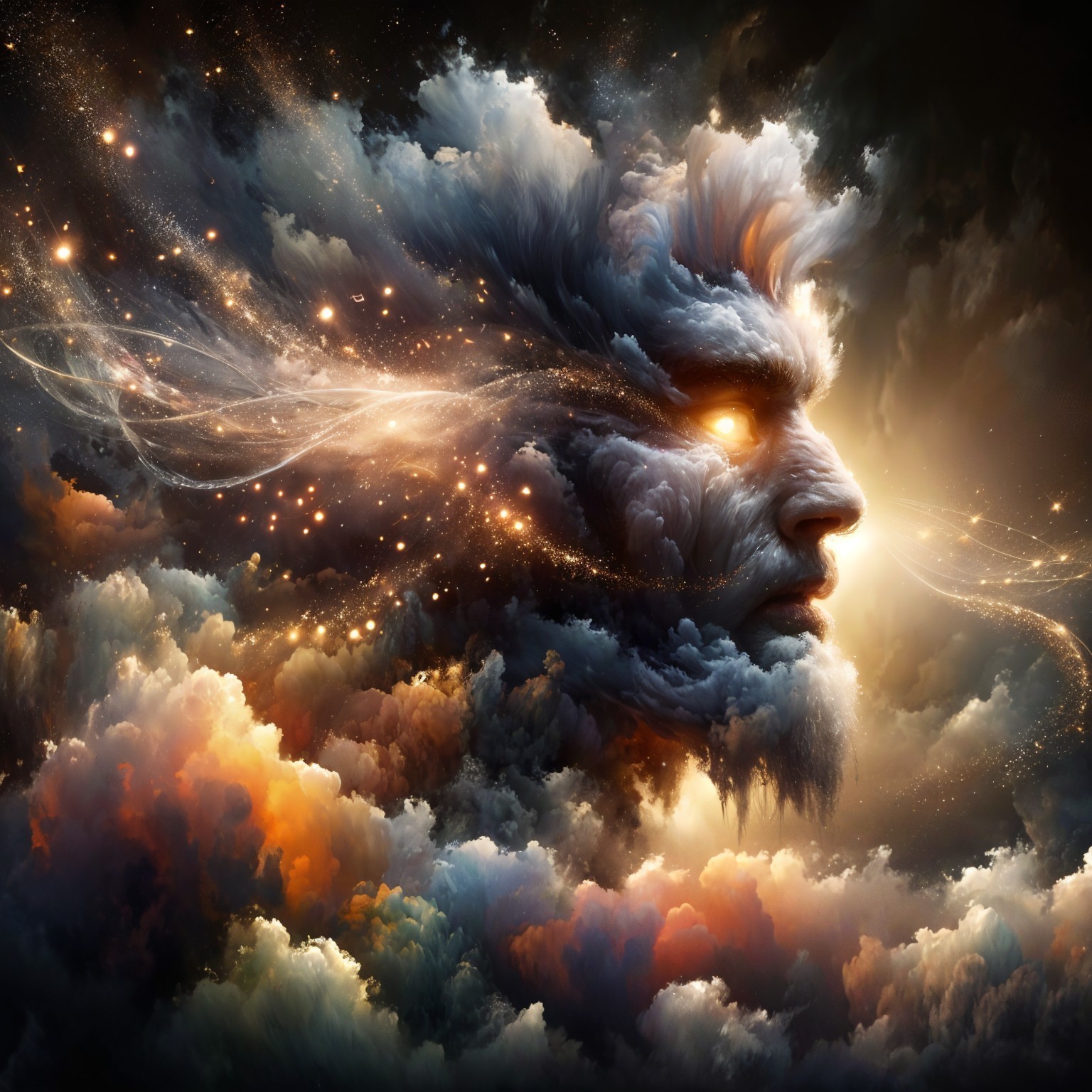Celestial Figure in Swirling Clouds with Cosmic Background