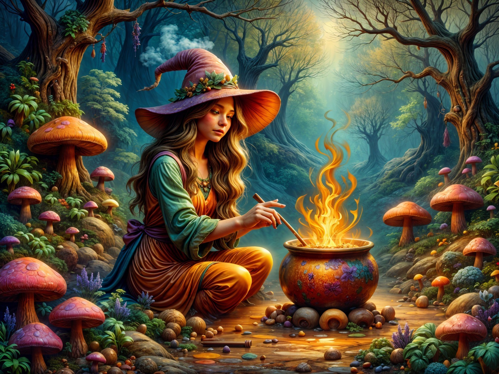 Mystical Forest Scene with Witch and Cauldron