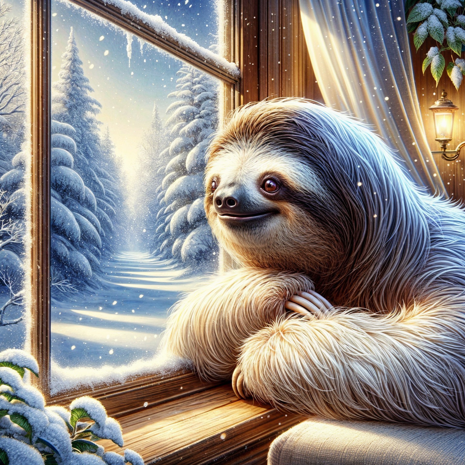 Sloth Observing a Winter Wonderland from a Window