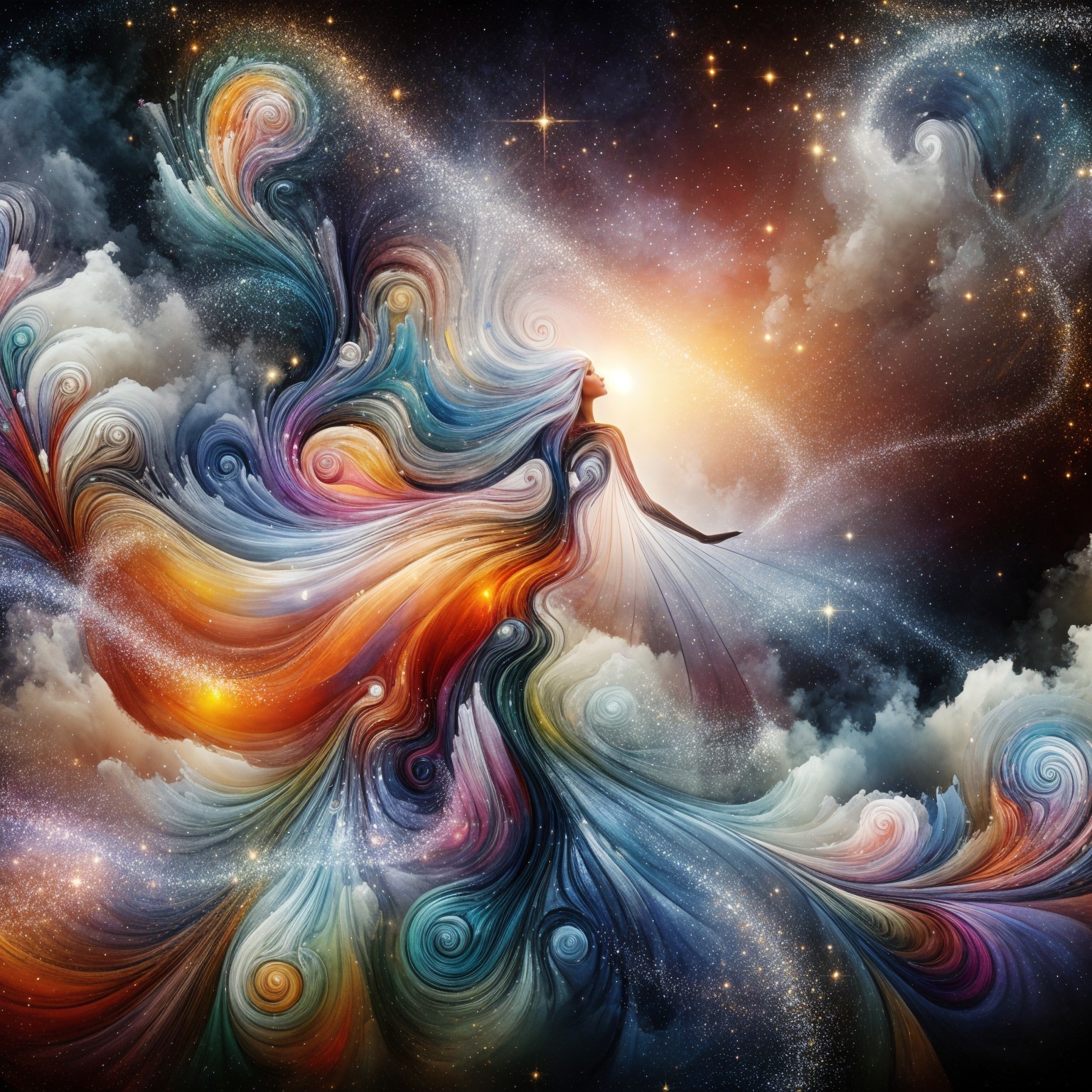 Celestial Figure with Vibrant Cosmic Colors and Stars