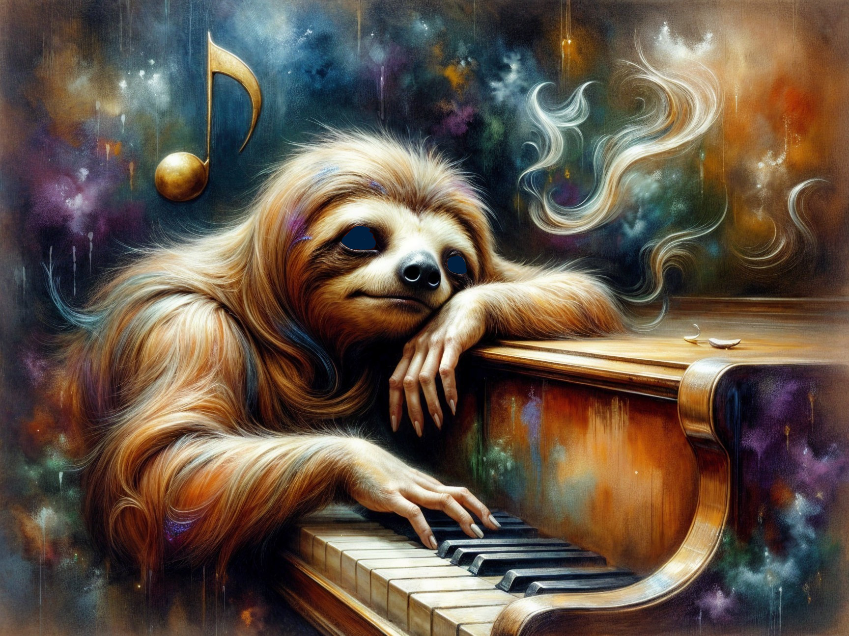 Sloth Relaxing on Piano with Colorful Musical Notes