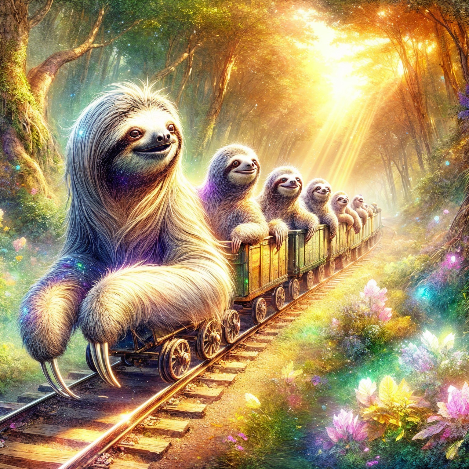 Cheerful Sloths Riding a Colorful Train in a Forest
