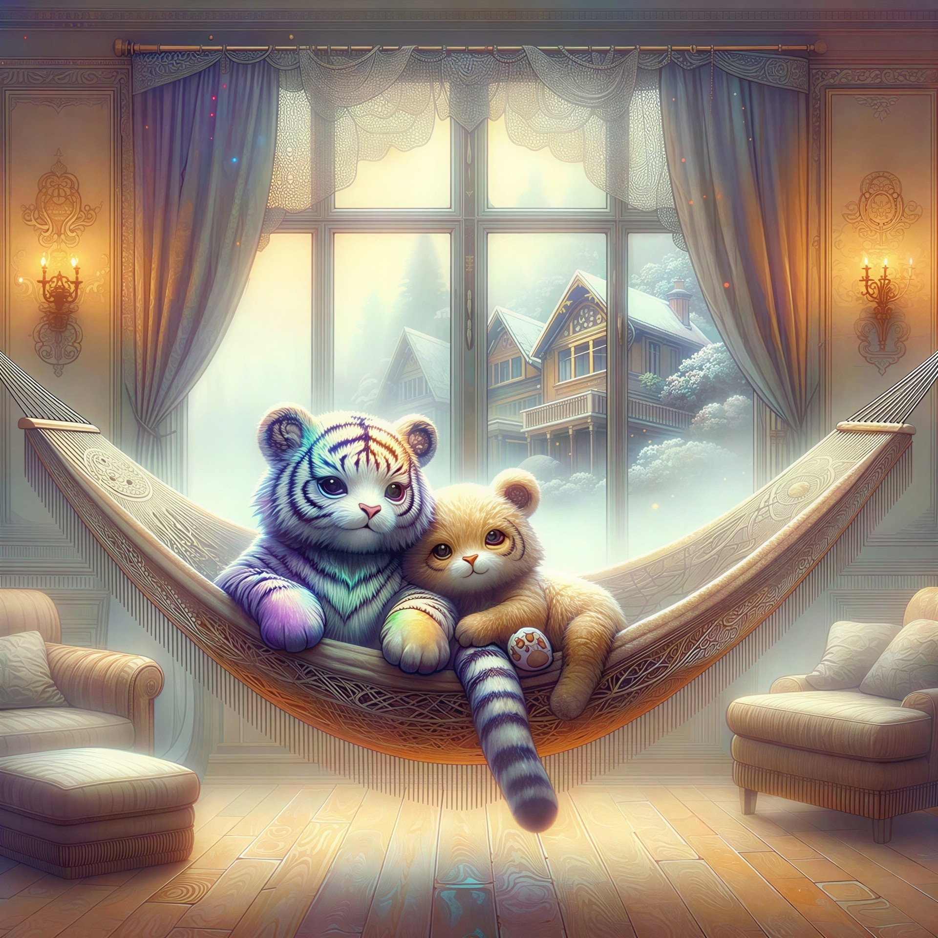 Cute Cartoon Baby Tigers in a Woven Hammock