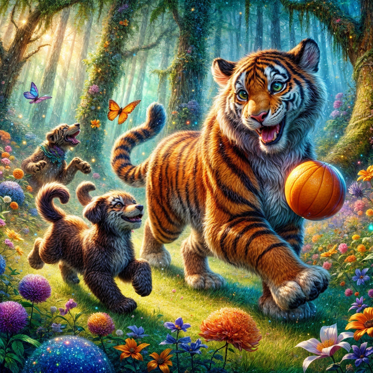 Enchanted Forest with Colorful Flowers and Playful Wildlife